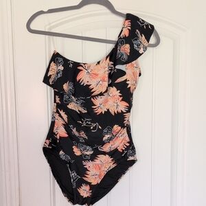 One-Shoulder Black Floral One-Piece Swimsuit - Peach Print